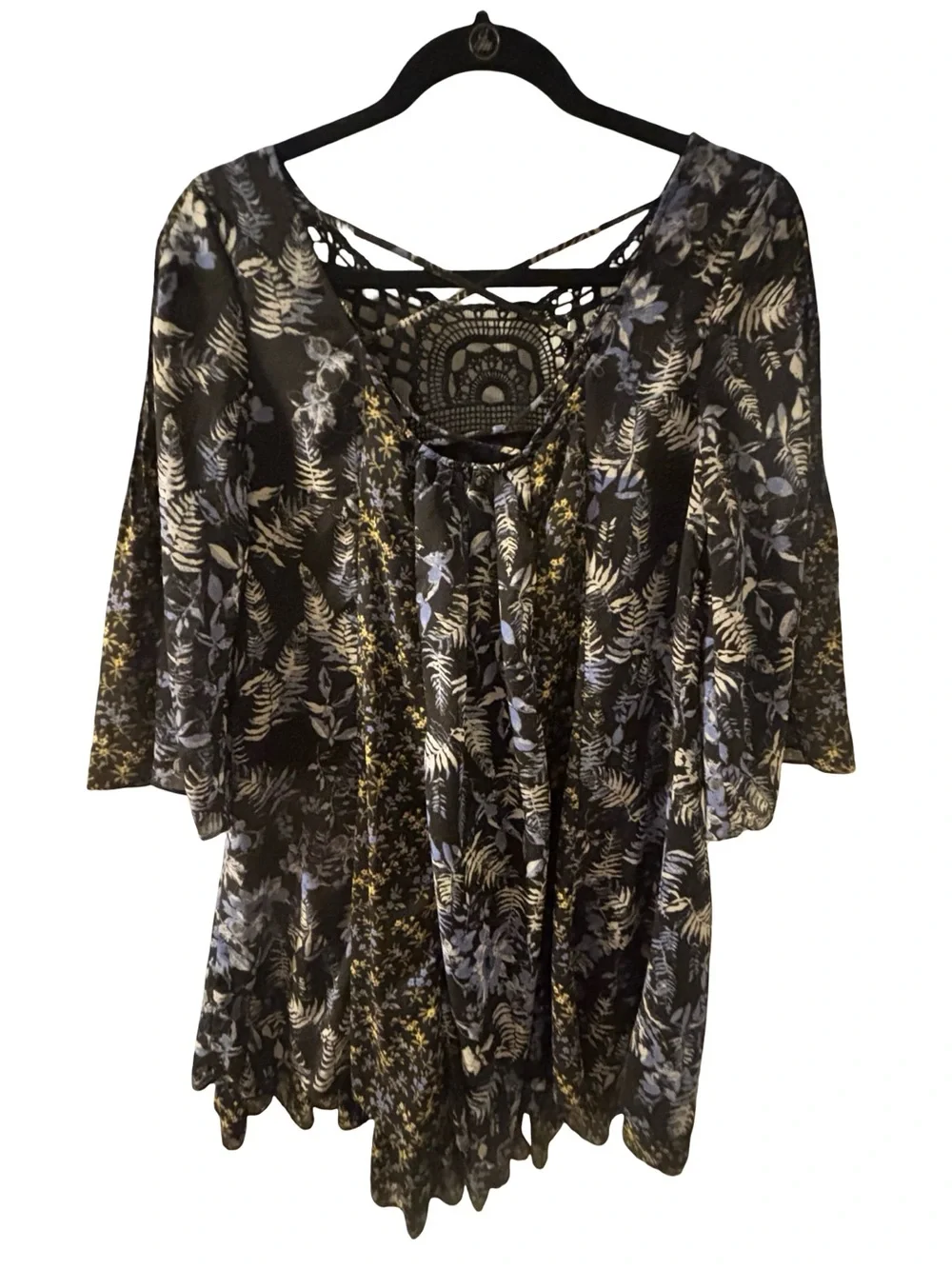 Free People Black Blue Chiffon Floral Crochet Yoke Boho Tunic Dress XS